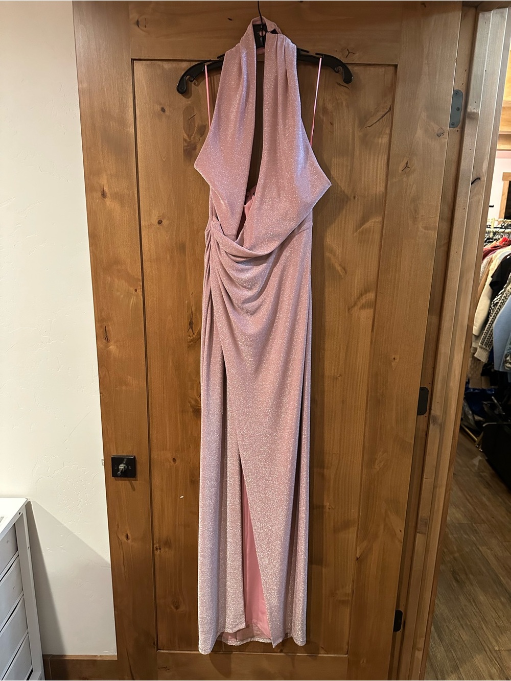 BCBGMaxAzria Dusty Pink Sparkly Halter Gown with Front Drape
